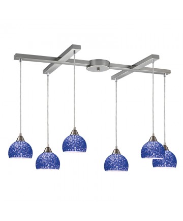 ELK Lighting 10143/6PB Cira 6 Light Pendant in Satin Nickel and Pebbled Blue Glass