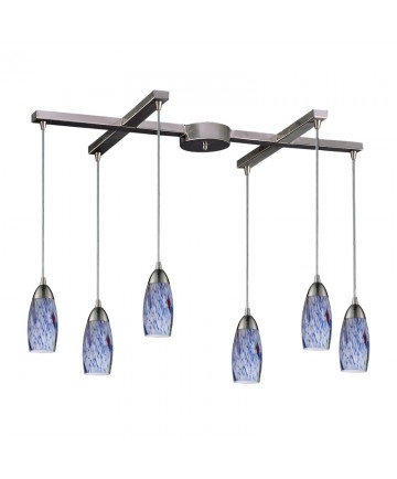 ELK Lighting 110-6BL Milan 6 Light Pendant in Satin Nickel and Starlight Blue Glass