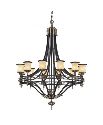 ELK Lighting 2434/12 Georgian Court 12 Light Chandelier in Antique Bronze & Dark Umber and Marblized Amber Glass