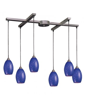 ELK Lighting 517-6S Mulinello 6 Light Pendant in Satin Nickel and Sapphire Glass