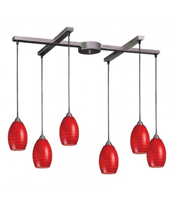 ELK Lighting 517-6SC Mulinello 6 Light Pendant in Satin Nickel and Scarlet Red Glass