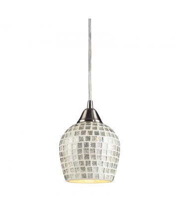 ELK Lighting 528-1SLV Fusion 1 Light Pendant in Satin Nickel and Silver Mosaic Glass