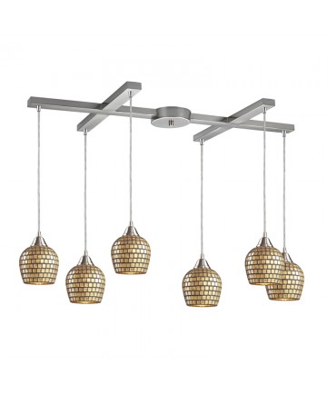 ELK Lighting 528-6GLD Fusion 6 Light Pendant in Satin Nickel and Gold Mosaic Glass
