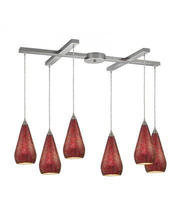 ELK Lighting 546-6RBY-CRC Curvalo 6 Light Pendant in Satin Nickel with Ruby Crackle