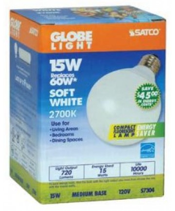 Satco S7304 Satco 15 Watt 120 Volt G30 E26 Medium Base Energy Star Certified 2700K 10,000 Hour Eco-Friendly Globe Compact Fluorescent Lamp (CFL)