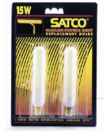 Satco S3715 Satco 15T6/F 15 Watt 120 Volt T6 Candelabra Base Frost Tubular Carded 2-Pack Light Bulb