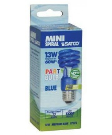 Satco S5514 Satco 13 Watt 120 Volt T2 Ultra Mini Spiral E26 Medium Base Blue 10,000 Hour Party Compact Fluorescent Lamp (CFL)