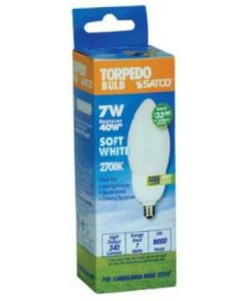 Satco S5587 Satco 7 Watt 120 Volt Torpedo E12 Candelabra Base 5000K 10,000 Hour Eco-Friendly Compact Fluorescent Light Bulb (CFL)