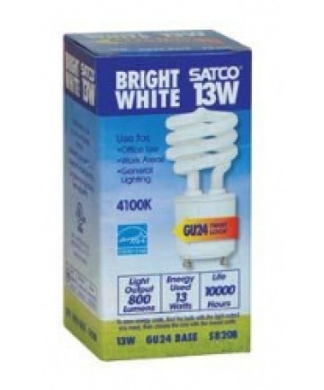 Satco S8208 Satco 13 Watt T-2 GU24 Base 4100K 10,000 Hour MiniSpiral Compact Fluorescent Light Bulb (CFL)