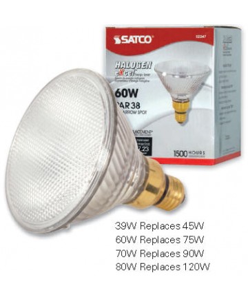Satco S2247 60 Watt PAR38 Halogen Light Bulb Clear Medium Base 120 Volt Narrow Spot