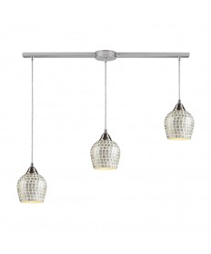 ELK Lighting 528-3L-SLV Fusion 3 Light Linear Pendant in Satin Nickel and Silver Mosaic Glass