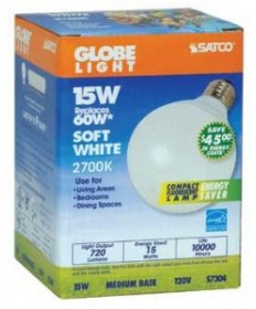 Satco S7304 Satco 15 Watt 120 Volt G30 E26 Medium Base Energy Star Certified 2700K 10,000 Hour Eco-Friendly Globe Compact Fluorescent Lamp (CFL)